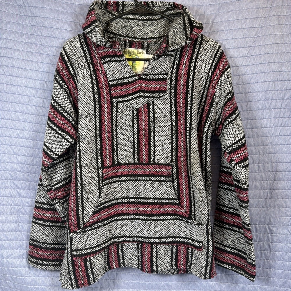 VTG 90s Iguana Jack Baja Hoodie Mens M Red Gray Black Pullover Surf Skate